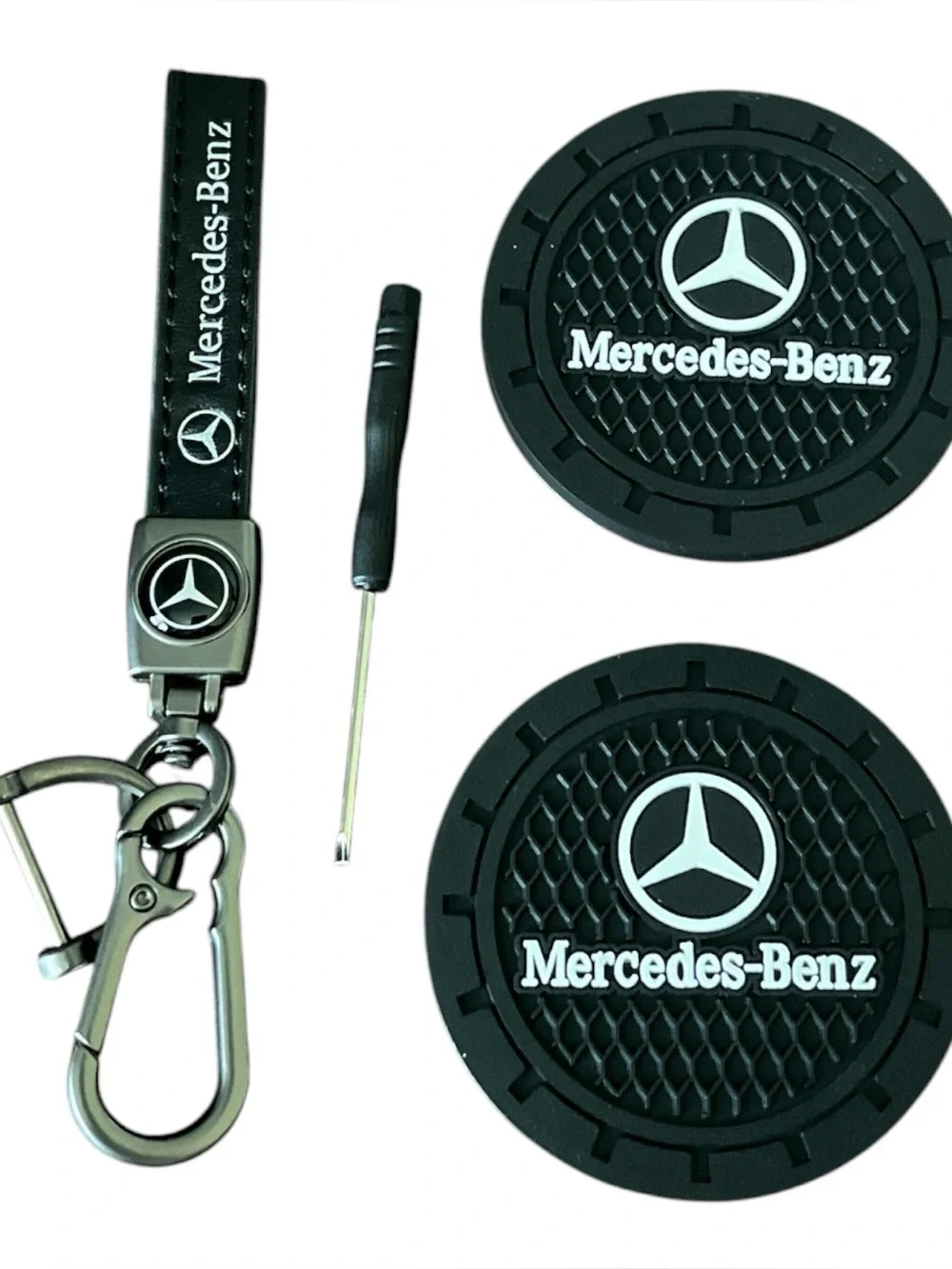 Mercedes Benz Black Keychain & Car Coaster (2 pc) Accessories Set